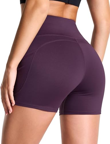 Image of THE GYM PEOPLE High Waist Yoga Shorts for Women's Tummy Control Fitness Athletic Workout Running Shorts with Deep Pockets