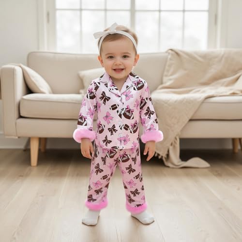 Kuriozud Kids Toddler Girl Christmas Pajamas Fuzzy Trim Long Sleeve Button Down Shirt Top and Pants 2pcs Pjs Sets Sleepwear3