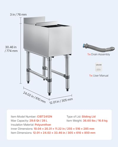 Image of VEVOR Commercial Ice Bin Stainless Steel Ice Chest with Sliding Lid, 24H Long-Lasting Insulation, Cooler Cart Cocktail Unit for Bar Restaurant Pub, NSF, 24 Inch