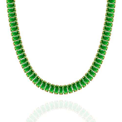 Kissyan Gold Tennis Necklace For Women, 14K Gold Plated Cubic Zirconia Baguette Tennis Chain Paperclip Link Cuban Choker Dainty Jewelry Gifts(Green) #TOP25