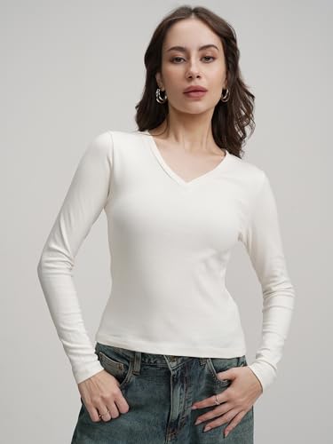 Image of Tokyo Talkies Women's V-Neck Fitted Top | Long Sleeves & Flattering Silhouette for A Chic Look | Sleek & Versatile | Tops for Woman | Women Tops | Stylish Top