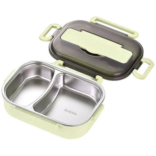NASSMOSSE - 2-Compartment Thermal Lunch Box, Leakproof Insulated Lunch Box with Cutlery Holder, Portable Thermal Food Container for Student (Stainless Steel)