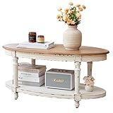 BERRYMERRY 39' French Country Two Tone Oval Coffee Table,Chipped White Vintage 2 Tier Center Table with Storage for Living Room Office,Tool-Free Assembly (White)