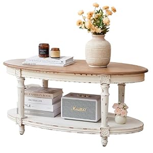 Farmhouse Oval Coffee Table 39 Inch, 2‑Tier Distressed Wood Center Table
