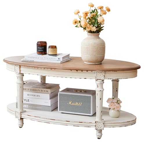 BERRYMERRY 39 French Country Two Tone Oval Coffee Table Chipped White Vintage 2 Tier Center Table with Storage for Living Room Office Tool-Free Assembly (White)