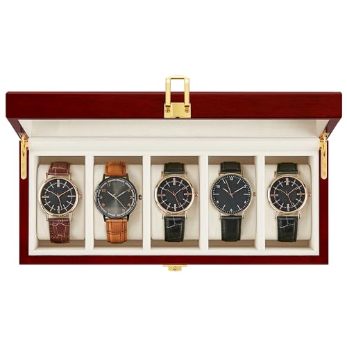 SONGMICS Watch Box with 5 Slots, Watch Case with Large Glass Lid, Removable Watch Pillows, Velvet Lining, Watch Box Organiser, Gift for Loved Ones, Cherry Red JOW05C