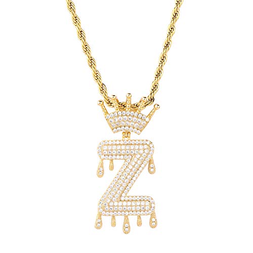HECHUANG Micropave Simulated Diamond Iced Out Crowned Initial Dripping Letters Pendant with Rope Chain (Gold Z, 30)