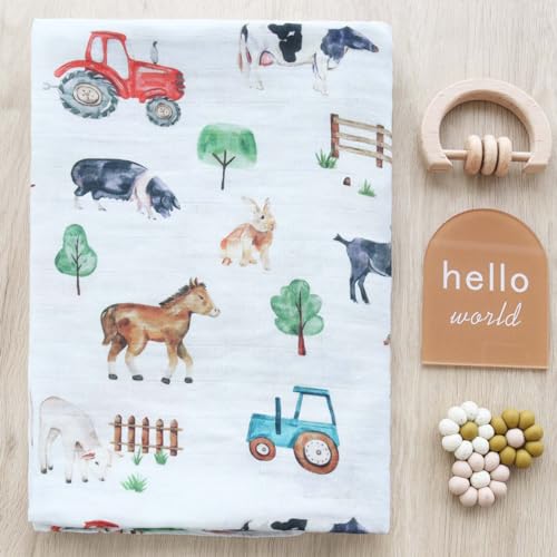 Image of LifeTree Muslin Swaddle Blankets, Baby Swaddles Blanket for Boys Girls Newborn Nursery, Soft Large 47 inch x 47 inch, Farm Animals, 70% Viscose from Bamboo and 30% Cotton