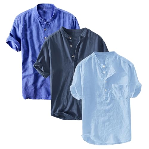 3 Pack Mens Short Sleeve Henley Shirt Cotton Linen T-Shirts Summer Casual Button Tee Tops Lightweight Beach Shirts