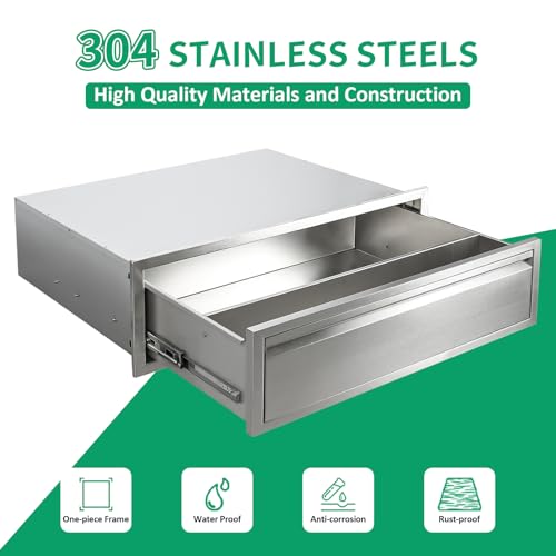 Image of Outdoor Kitchen Drawers 30 inch W x 10 inch H x 23 inch D Stainless Steel Single Drawers with Hidden Handle for BBQ Island, Patio Grill Station & Outdoor Kitchen Cabinets