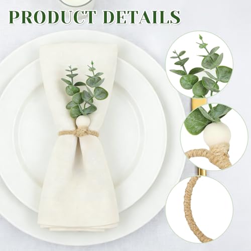 JarThenaAMCS 60 Pcs Eucalyptus Leaf Napkin Rings Boho Green Leaves Wood Bead Farmhouse Napkin Holders Greenery Napkins Buckle for Spring Summer Easter Weddings Christmas Party Table Decoration
