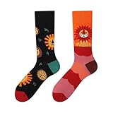 Mmyzao Divertidos calcetines unisex 35-46 patrones asimétricos izquierda y derecha Múltiples motivos en los ámbitos de animales, comida, deporte y arte, León del sol, 35-46