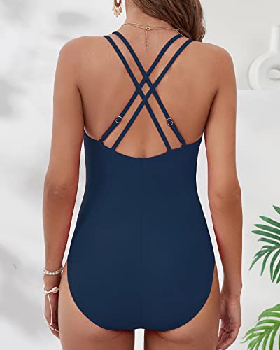 Laphee Rose One Piece Swimsuit For Women Tummy Control Sexy Bathing Suit Ruched Swimwear Blue L #TOP5