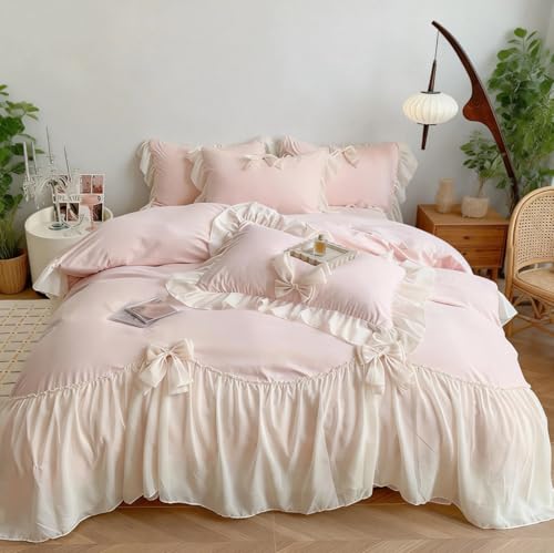 IHOUSTRIY Duvet Cover Twin Size, Ruffle Beddding Set with Bowtie, 2 Pieces Comforter Cover Set with Zipper Closure, Girl Princess Bedding with Pillowcase - Light Pink, Twin by IHOUSTRIY - Image 2