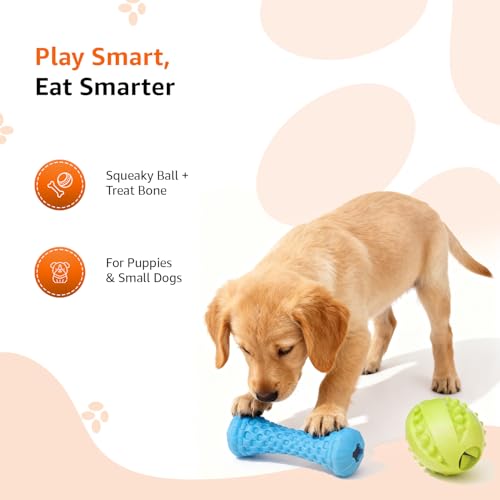 Image of Amazon Basics Treat Dispensing Dog Toy Combo | Squeaky Ball & Interactive Bone | Durable Rubber | Mental Stimulation & Teething | for Puppies & Small Dogs
