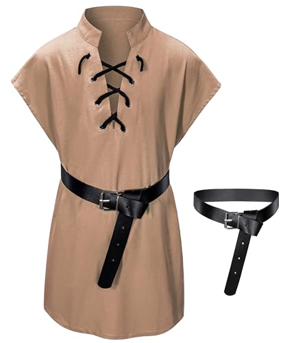 Kids Medieval Viking Tunic Pirate Renaissance Retro Costume Shirt witn Belt for Boys Halloween Cosplay 10-11 Years Khaki