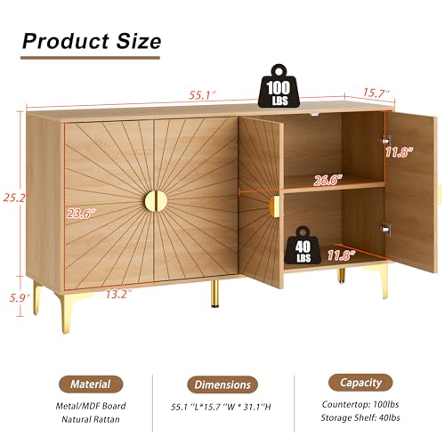 UEV 55.1\" Wood Sideboard,Modern Buffet Cabinet with Storage,Gold Sunlight Accent Storage Cabinet with Metal Handles & Legs,Long Console Cabinet with 4 Doors & Adjustable Shelves - Thumbnail 3