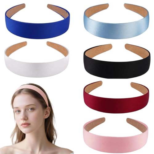 GXGM 6 Pezzi Cerchietto Capelli Donna, Cerchietti Colori In Raso Ragazze Antiscivolo,Nastro Duro Cerchietto Largo Signore, Fasce per Capelli Pianura, Fascia per Capelli Dura Antiscivolo, Semplice