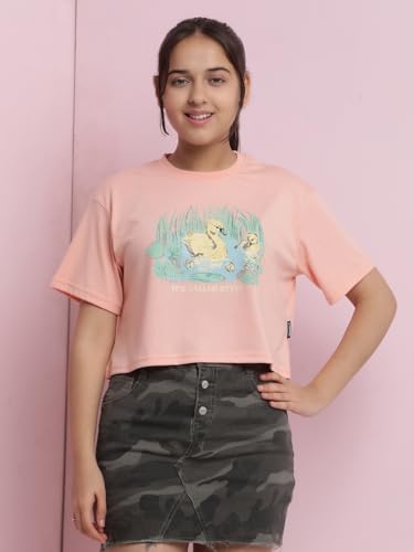 Image of Li'l Tomatoes Girls Crop T-Shirt | 100% Cotton | Graphic Printed Summer Top | Soft & Breathable Casual Wear | 7-16 Years
