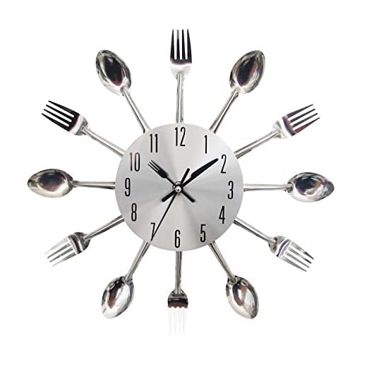 Kitchen Wall Clock, Kitchen Cutlery Wall Clock with Forks and Spoons 3D Removable Modern Creative Wall Clock for Home Room Decor and Nice Gifts (Silver)