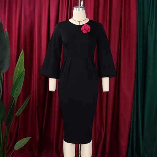 Women's Lantern Sleeve Vintage Ruffle Bodycon Work Floral Midi Pencil Dresses3