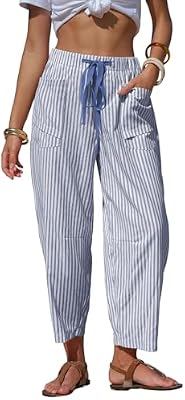 EXLURA Women's Faux Linen Striped Barrel Capri Pants with Drawstring