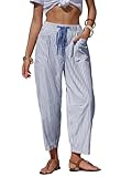 EXLURA Womens Faux Linen Striped Barrel Pants Comfy Drawstring Capri Pant with Pockets Summer Beach Vacation Lounge Trousers Deep Blue