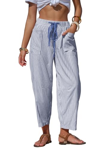 EXLURA Womens Faux Linen Striped Barrel Pants Comfy Drawstring Capri