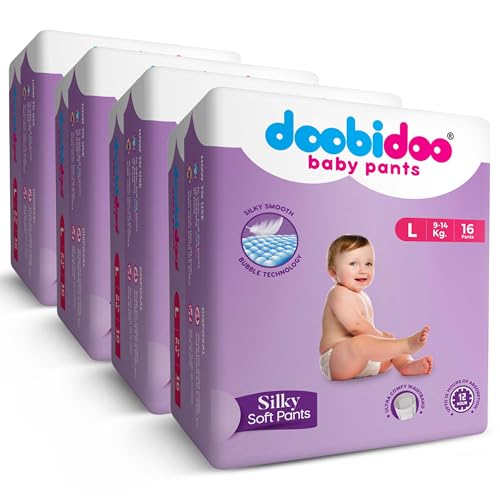 Image of Doobidoo Silky Soft Baby Pants Diapers - L Size | All Round Softness with Bubble Soft Topsheet & Anti-Leak Side Cuffs | High Absorbency for Comfort & Protection (9-14 kg) - Pack of 3 | 48 Count