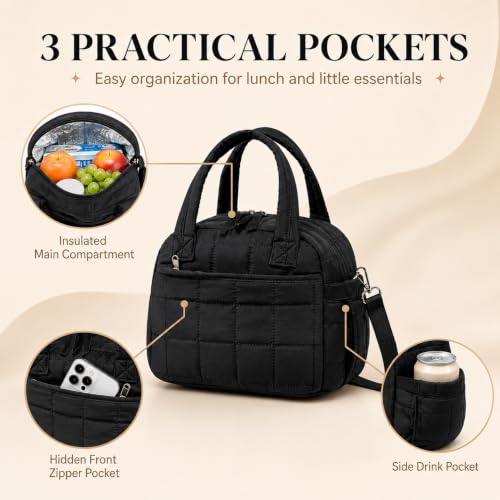 BTOOP Lunch Box for Women Men Cute Puffer Lunch Bags Large Capacity Insulated Lunch Tote Bag For Work Travel Or Picnic (Black-Quilted) - Image 9