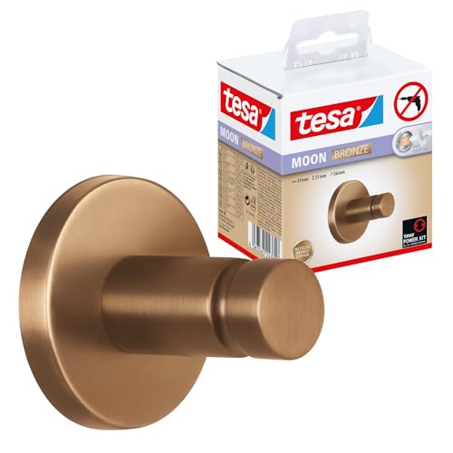 tesa MOON BRONZE Handtuchhaken in gebürsteter Bronze - selbstklebender Handtuchhalter aus PVD-beschichtetem Metall - ohne Bohren, inkl. Klebelösung - 37 mm x 37 mm x 36 mm