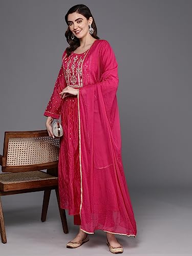 Image of INDO ERA A-Line Embroidered Chanderi Silk Kurta With Pant & Dupatta Set For Women