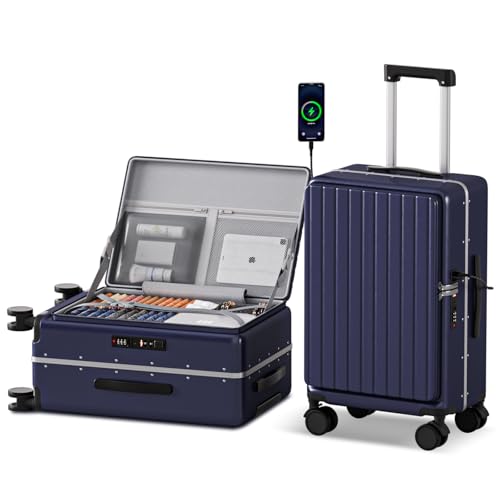 SKYROMER 20 Inch carry on luggage 22x14x9 airline approved Hard Shell Spinner Suitcase Top Opening Aluminum Frame Travel Luggage Suitcases for Woman Men Gifts (Blue)