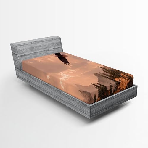 Ambesonne Eagle 2 Pack Fitted Sheet, Nature Rocky Mountains, Bed Cover All-Round Elastic Deep Pockets 2 Pieces, Package Contains 2 Twin Size Fitted Sheets, Rose Green