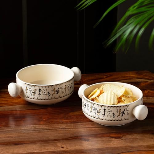 ExclusiveLane 'Whispers of Warli' Handpainted Ceramic Serving Bowls (2-Piece Premium 400ml Microwave-Safe Snack Bowl Set)