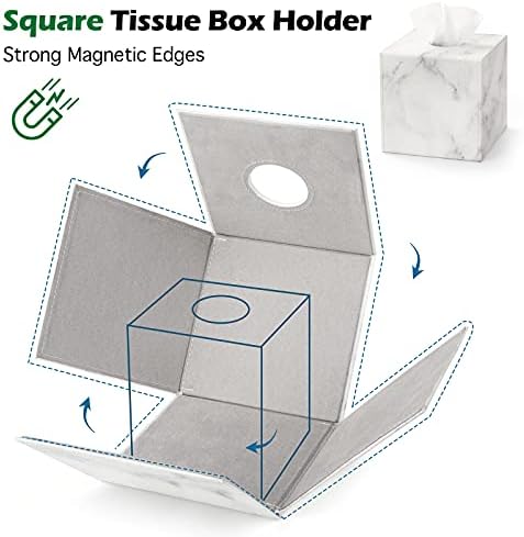 Luxspire PU Leather Tissue Box Holder, Modern Square Tissue Box Cover Decorative Paper Facial Case Dispenser with Magnetic Bottom for Bathroom Vanity Night Stands, Office Car Home Decor, White Marble