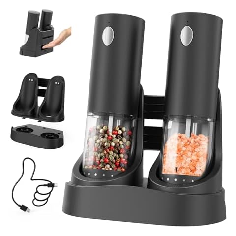 CIRCLE JOY Electric Salt and Pepper Grinder Set Automatic Salt and Pepper Grinder Set with Easy-to-Carry Charging Base and LED Light, USB Rechargeable, Upgrade External Adjustable Coarseness Cover