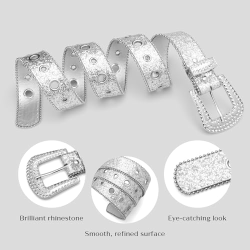 Rhinestone Belt for Women, Y2K Sequin Silver Buckle Statement Bling Belt for Jeans4