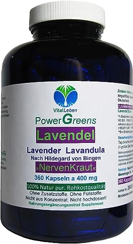 LAVENDEL 360 Kapseln [NERVEN-KRAUT] Blüten Pulver pur nach Hildegard von Bingen - Beruhigung + Entspannung & schöner Schlaf + GUTE NACHT. NATUR pur [ohne ZUSATZSTOFFE] 26630-360