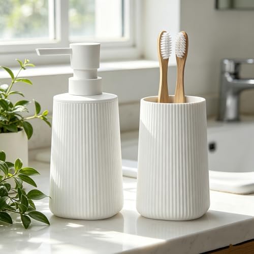GAHEFY White Bathroom Accessories Set, 2-Piece Soap Dispenser and Toothbrush Holder Set, Modern ABS Countertop Bathroom Set for Bathroom Vanity (White) - 5