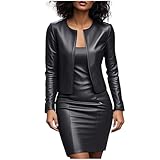 Women Faux Leather Business Dress Suit Sets 2 Piece Work Office Fashion Outfits Cropped PU Cardigan Bodycon Dress Set Black-S