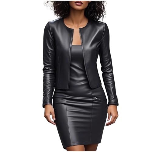 Women Faux Leather Business Dress Suit Sets 2 Piece Work Office Fashion Outfits Cropped PU Cardigan Bodycon Dress Set Black-S