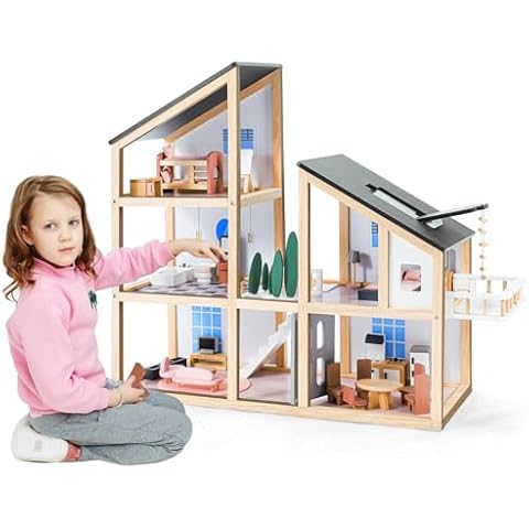 Joylike Large Wooden Doll House for Kids Ages 3+, Sturdy Modern Family Dollhouse Kit with Realistic Furniture Design, Educational Wooden Toy House for Toddlers Early Learning & Creative Play Cover