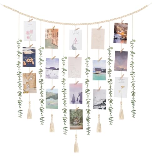 Mkono Hanging Photo Display Boho Wall Decor, Beads Garland with Greenery