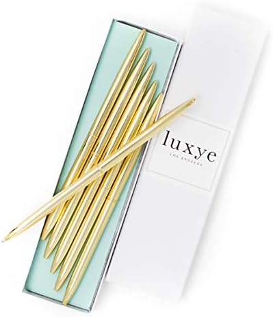 Gold Pens with Black Ink | Luxury Ballpoint Gold Pen Set of 6 in Glossy White Gift Box | Gold Office Supplies for Women Men - Slim Nice Pens for Writing (Gold/Black Ink)
