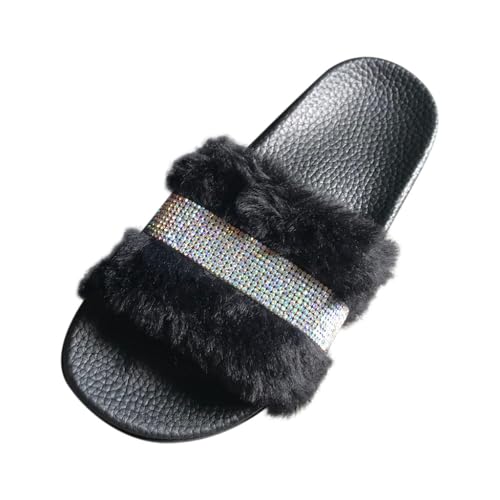 Slipper with Rhinestone Women Open Toe Fuzzy Slide Lightweight Winter Keep Warm Sandal Anti-slip Shoe