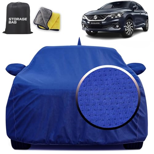 Image of for Maruti Baleno Car Cover for All Weather Protection with 100% Waterproof, Mirror Pockets, Soft Lining, Triple Stitched, Adjustable Belt and Bottom Elastic to Secure Fit (Blue Dotted)