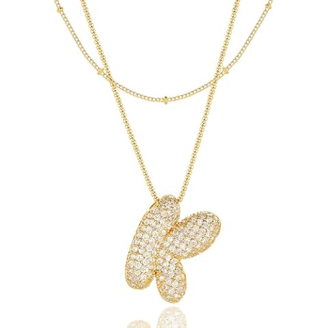 Bubble Letter Necklace Gold for Women，Layered Plated Initial Pendant Puffy Zircon Name Personalized Necklaces Fashion Jewelry for Gifts Cover