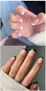 JUSTOTRY 48 Pcs Glossy Square False Nails French Tip,White and Black Press on Nails Short Pattern,Durable Fake Nails Medium with Nail Glue,Stick on Nails for Women,Squoval Glue on Nails for Nails Art
