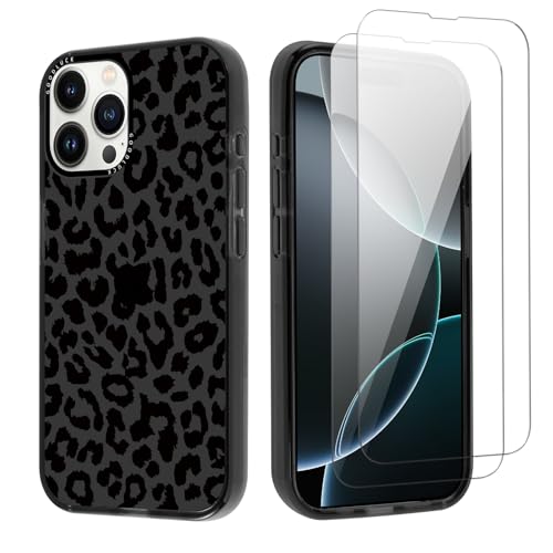 lioscre Cheetah Print Phone Case for iPhone 16 Pro Max 6.9" Case with 2 Pack Tempered Screen Protector, Cute Leopard Pattern Design Shockproof TPU Soft Clear Funda Cover for Women Girls, Black